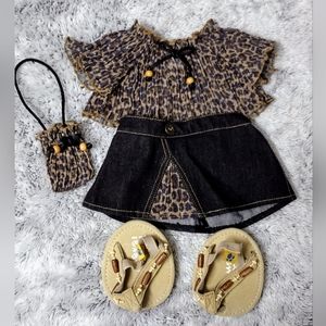 Build a Bear Outfit Leopard Print Blouse W/Black Denim Skirt Purse Sandals BABW